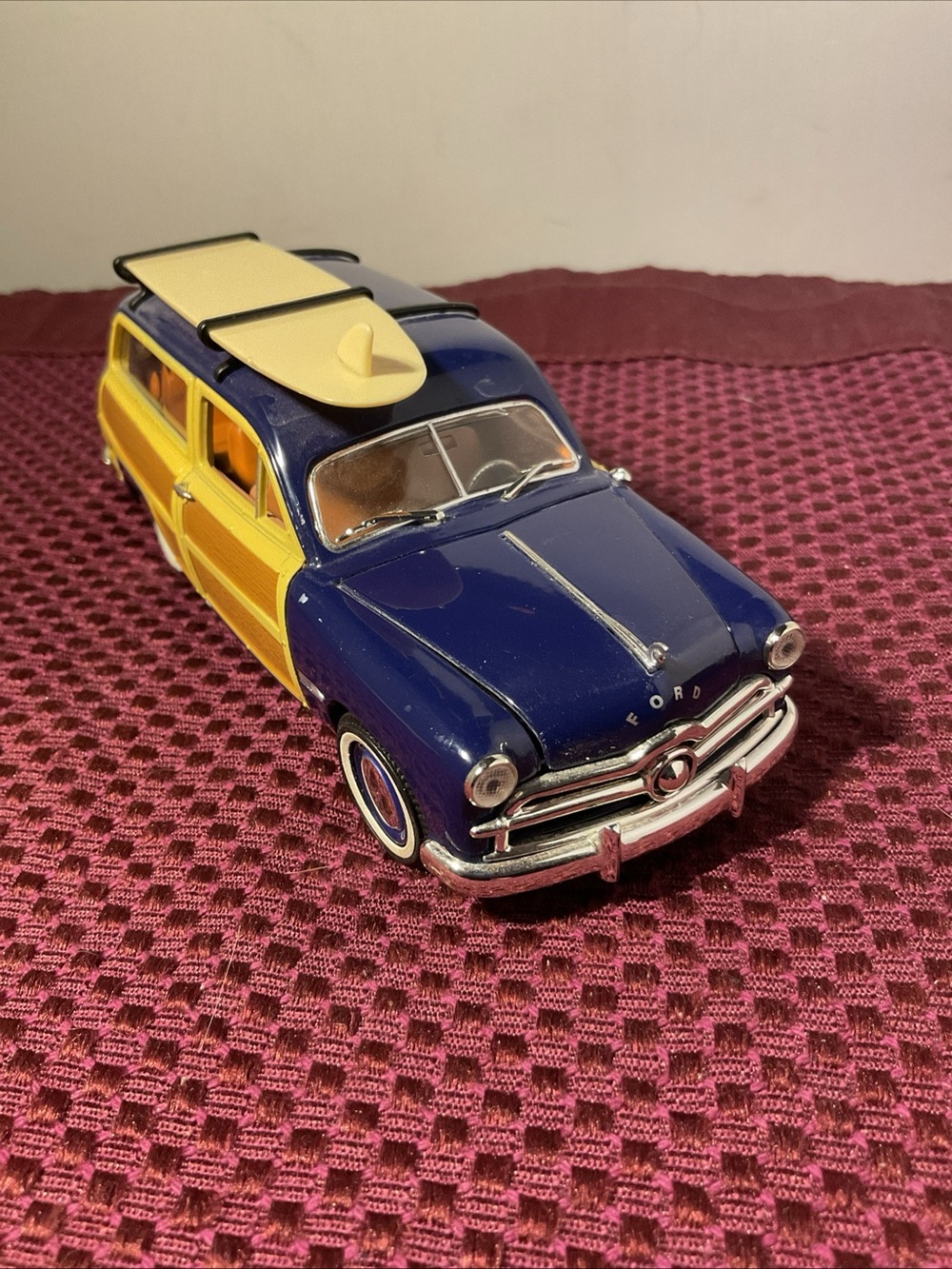 Ford Blue and Yellow Die-Cast Woody Wagon with Surfboard